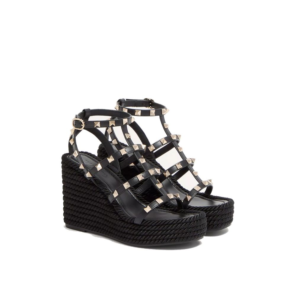 Valentino Garavani Black Calfskin Wedge Sandals