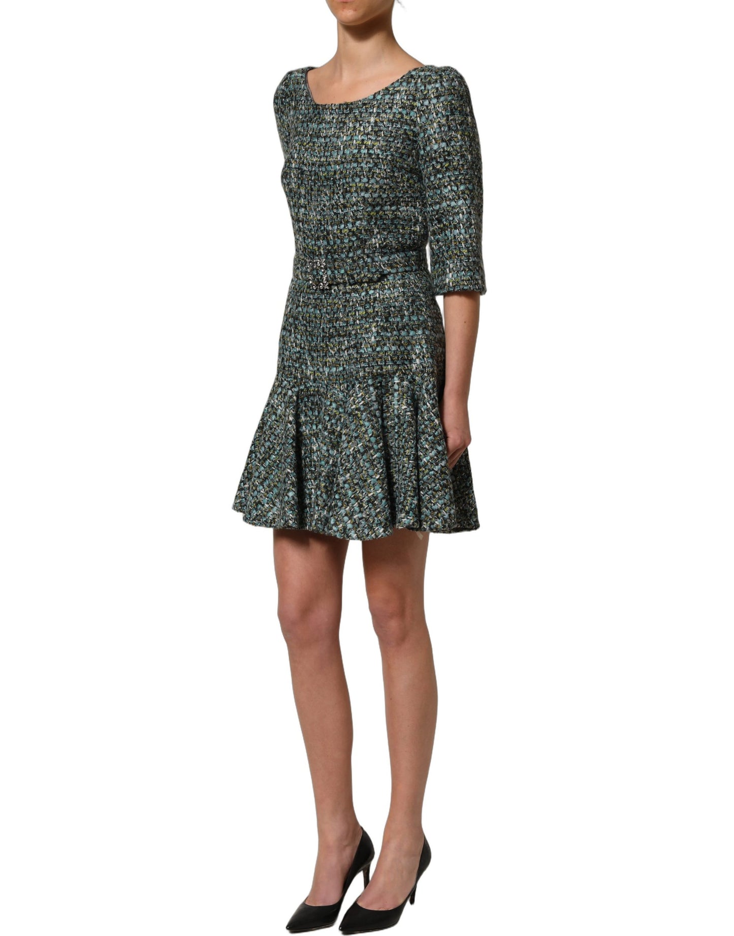 Dolce & Gabbana Multicolor Tweed Belted Babydoll Mini Dress
