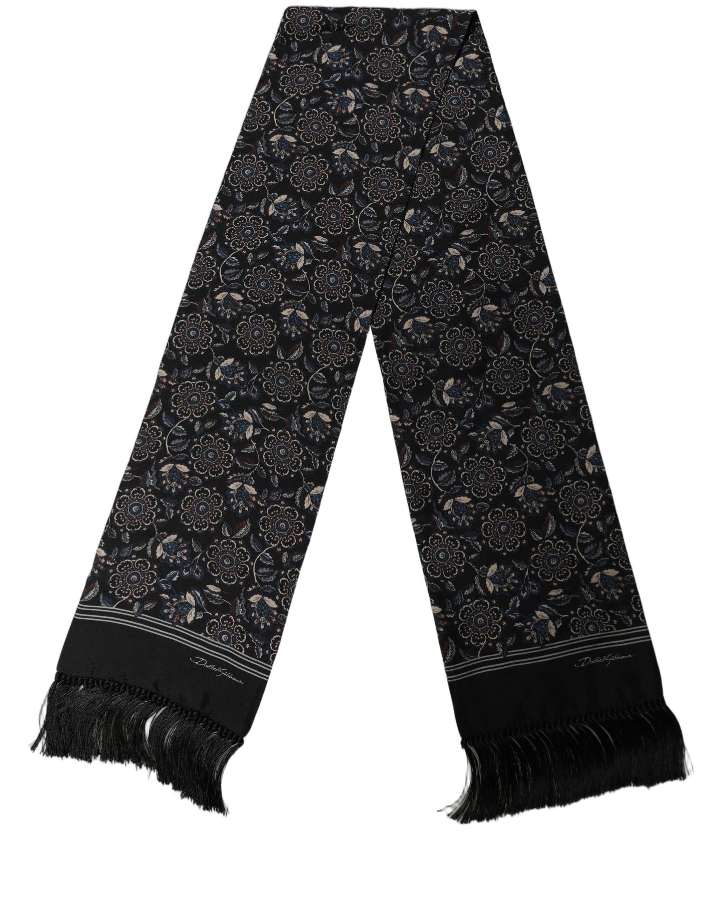 Dolce & Gabbana Black Silk Floral Paisley Fringed Shawl Scarf