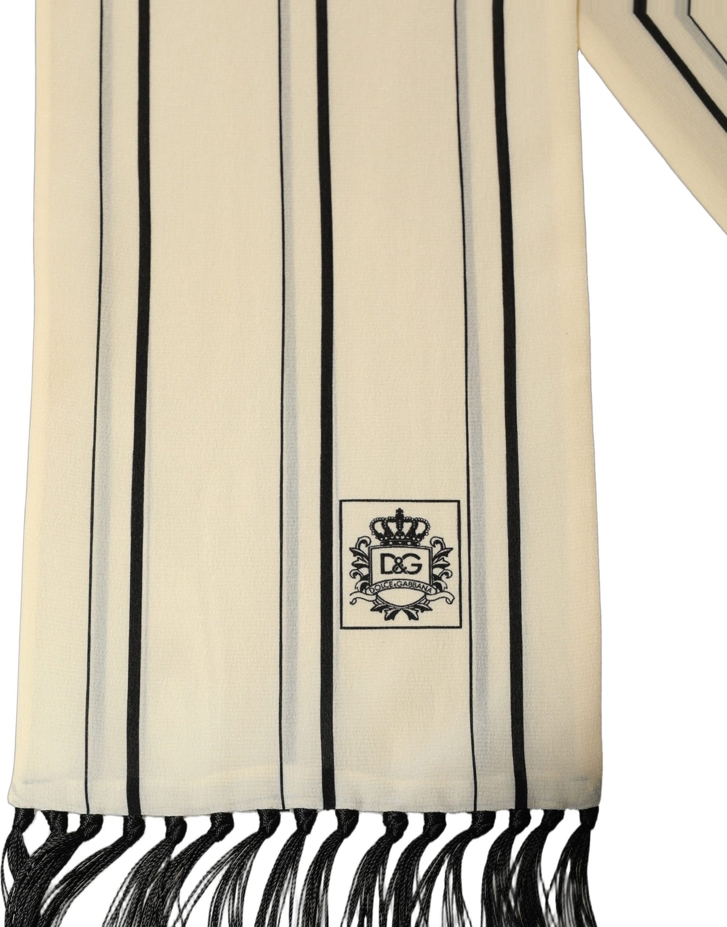 Dolce & Gabbana Beige Silk Striped Fringed Neck Shawl Scarf