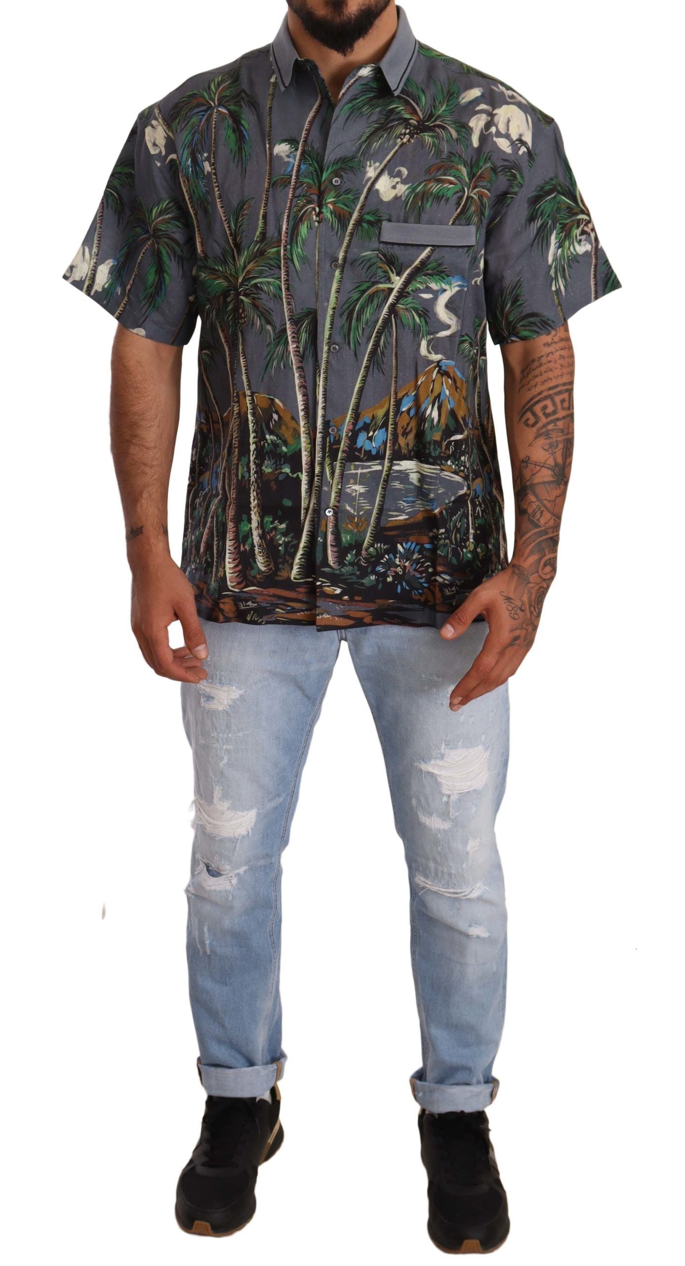 Dolce & Gabbana Gray Linen Tropical Print Collared Shirt