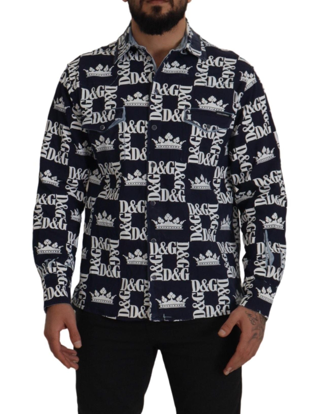 Dolce & Gabbana Blue Denim Stretch DG Crown Logo Casual Shirt