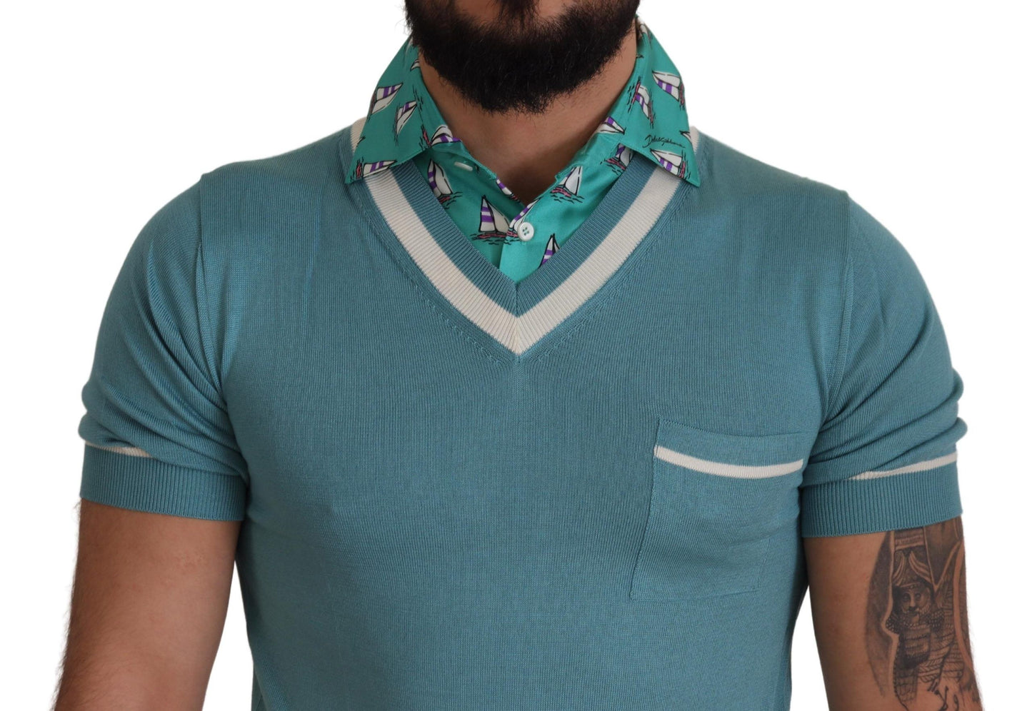 Dolce & Gabbana Blue Silk Polo Top Mens V-neck T-shirt