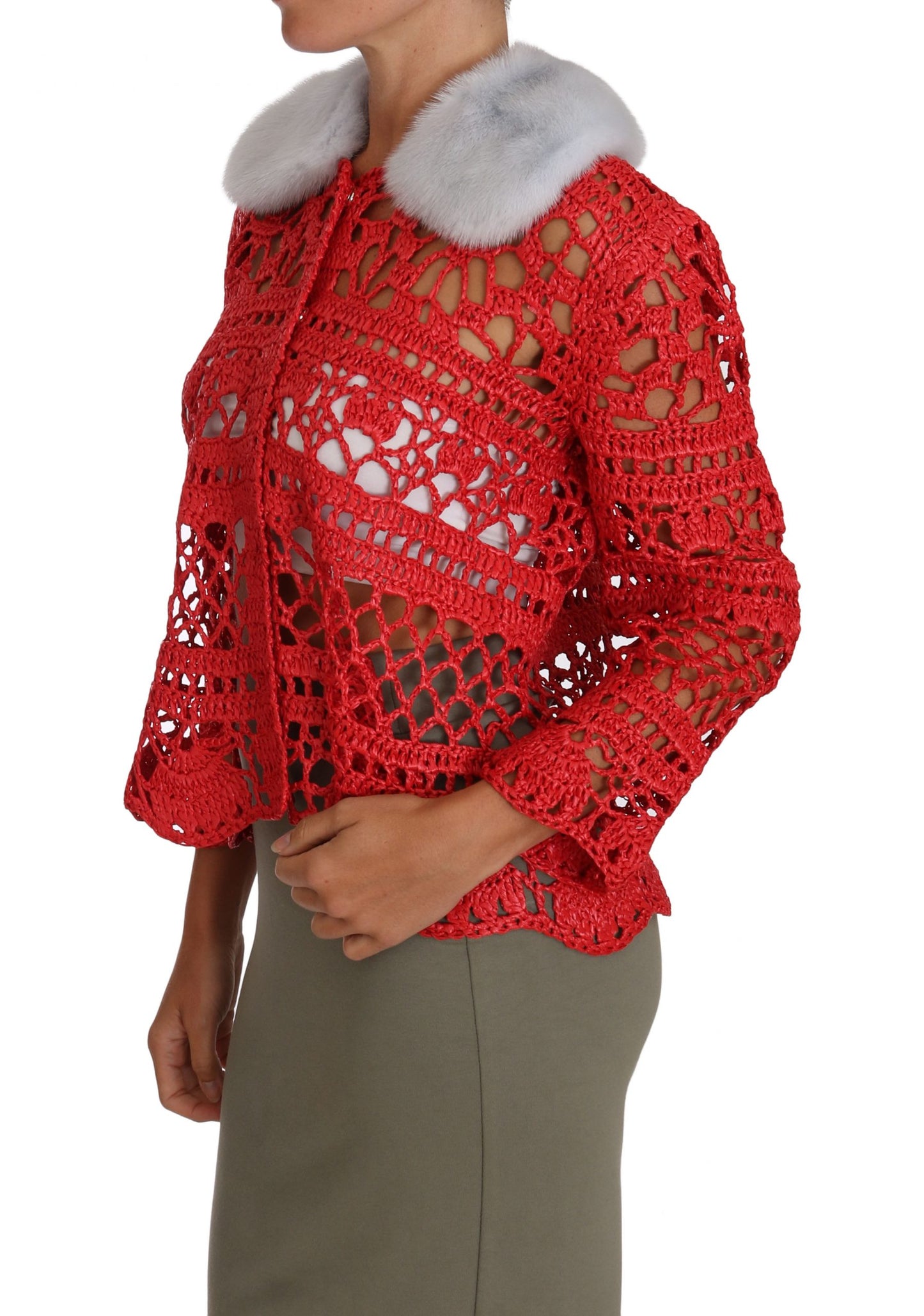Dolce & Gabbana Red Cardigan Crochet Knit Raffia Sweater