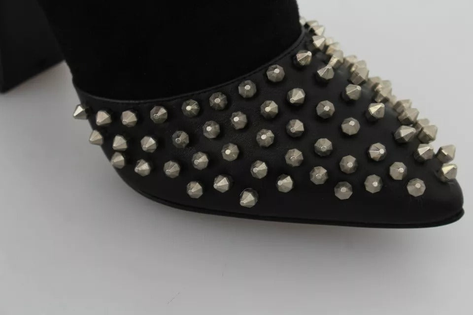 Philipp Plein Black Suede Studded Heels Ankle Boots Shoes
