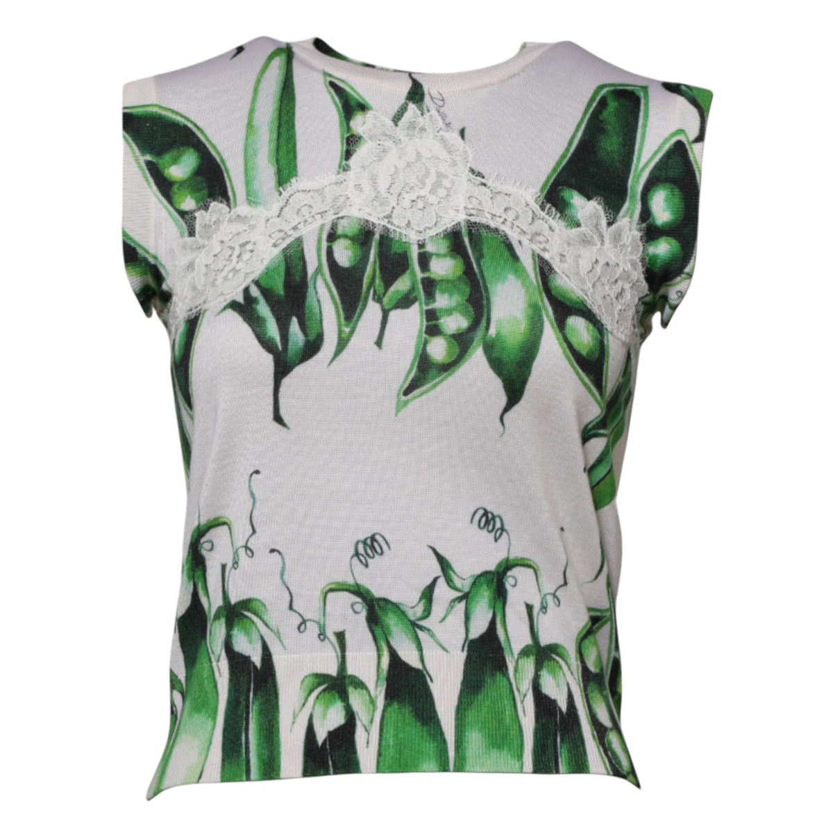 Dolce & Gabbana White Green Pea Print Sleeveless Blouse Top
