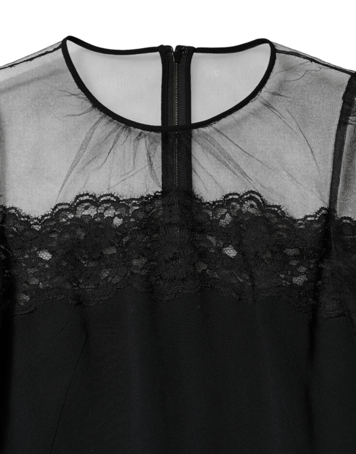 Dolce & Gabbana Black Lace Trim Nylon Tulle SheathMidi Dress