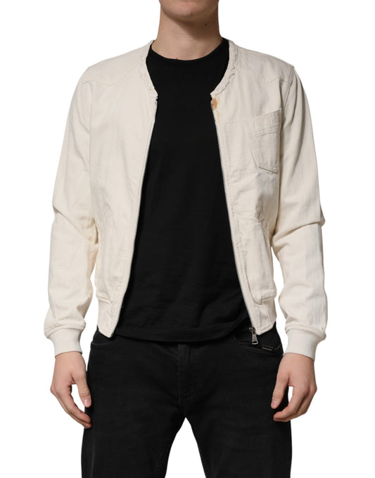 Dolce & Gabbana Off White Cotton Full Zip Denim Men Blouson Jacket