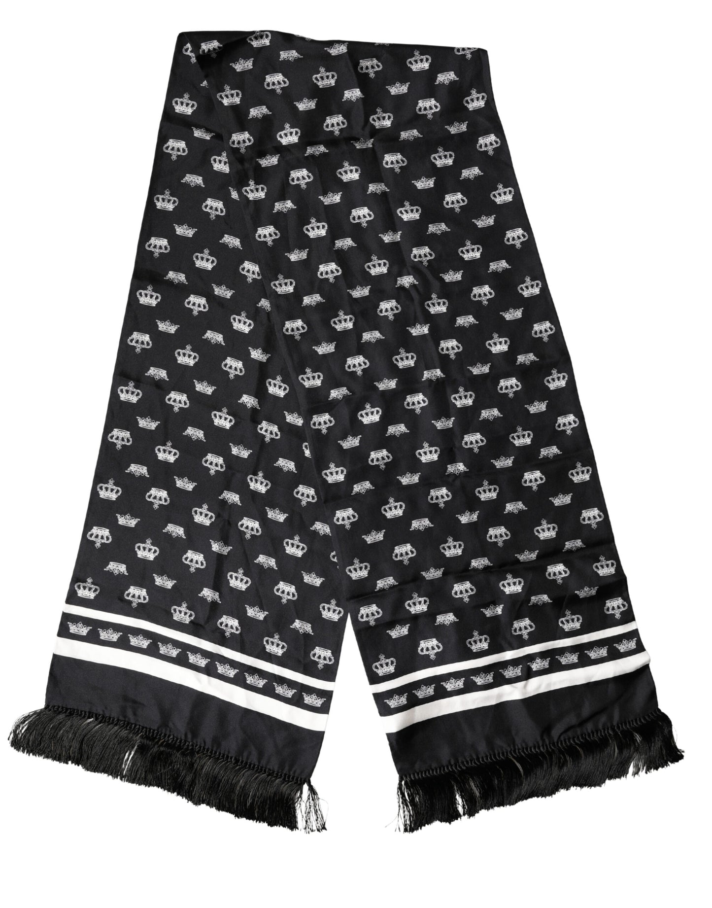Dolce & Gabbana Black Silk Crown Fringe Neck Wrap 173cm x 32.5cm Scarf