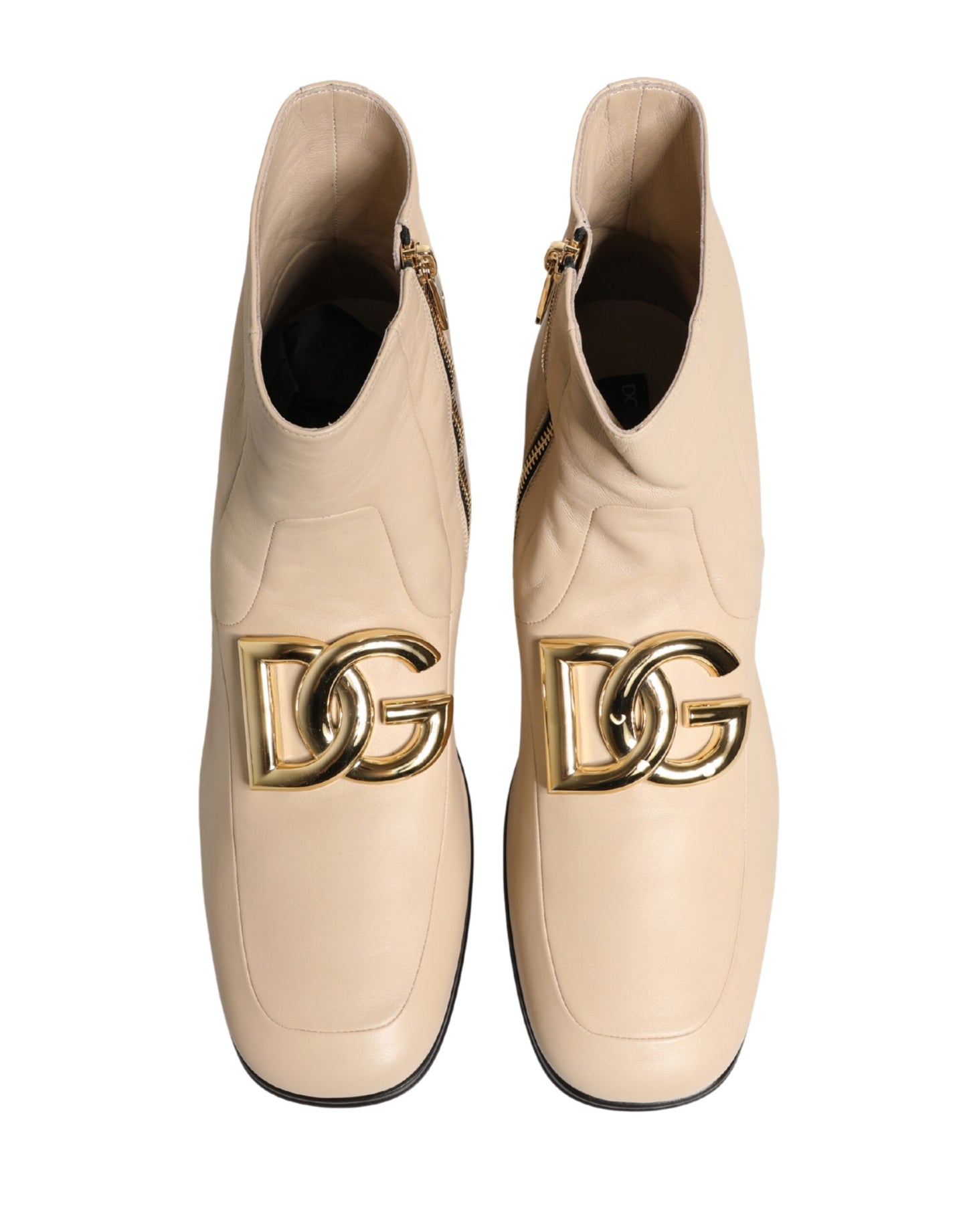 Dolce & Gabbana Beige Leather Logo Plaque Ankle Boots Shoes
