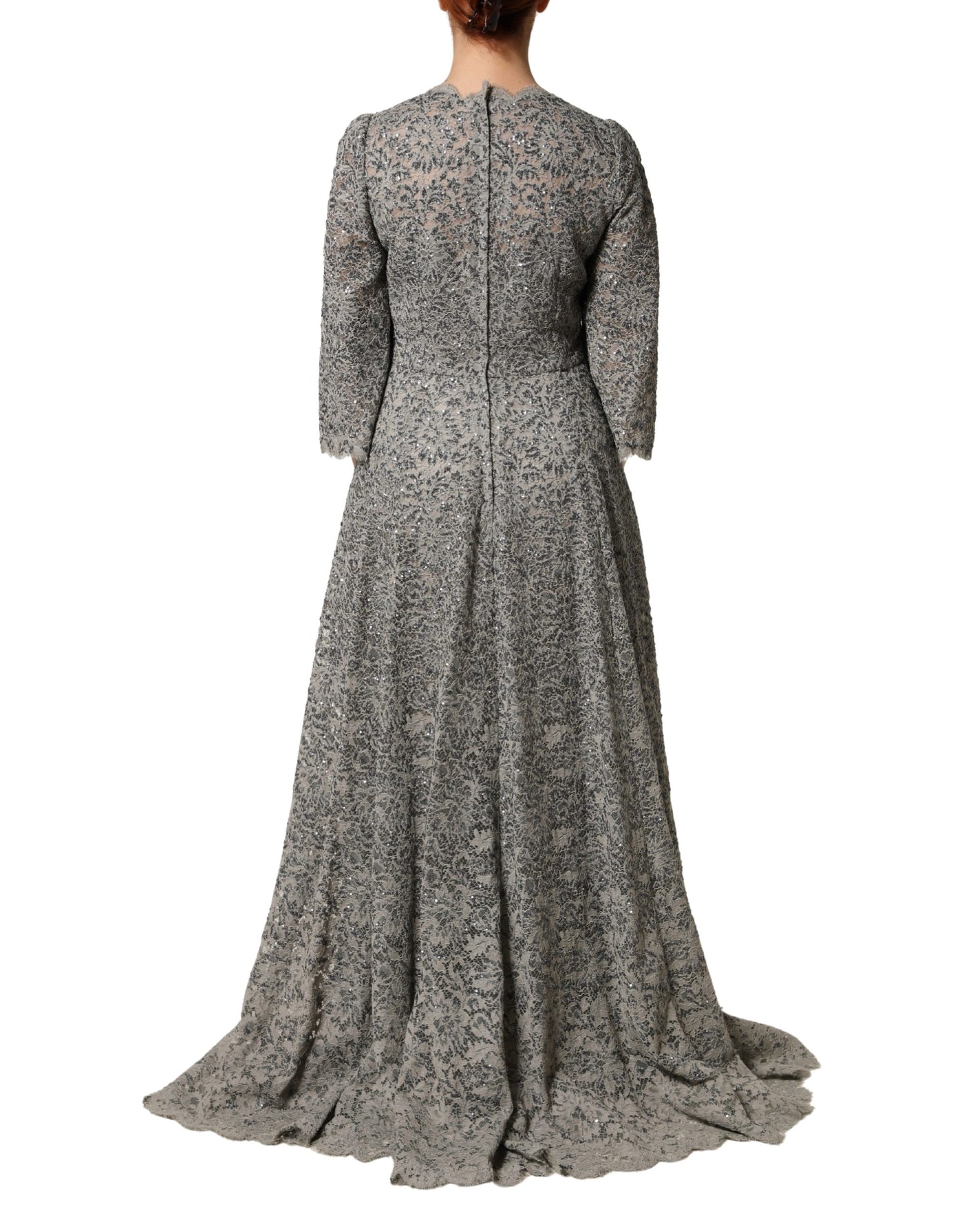Dolce & Gabbana Gray Lace Long Sleeves Cotton Maxi Dress