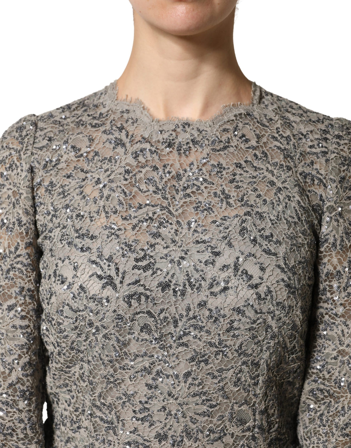 Dolce & Gabbana Gray Lace Long Sleeves Cotton Maxi Dress