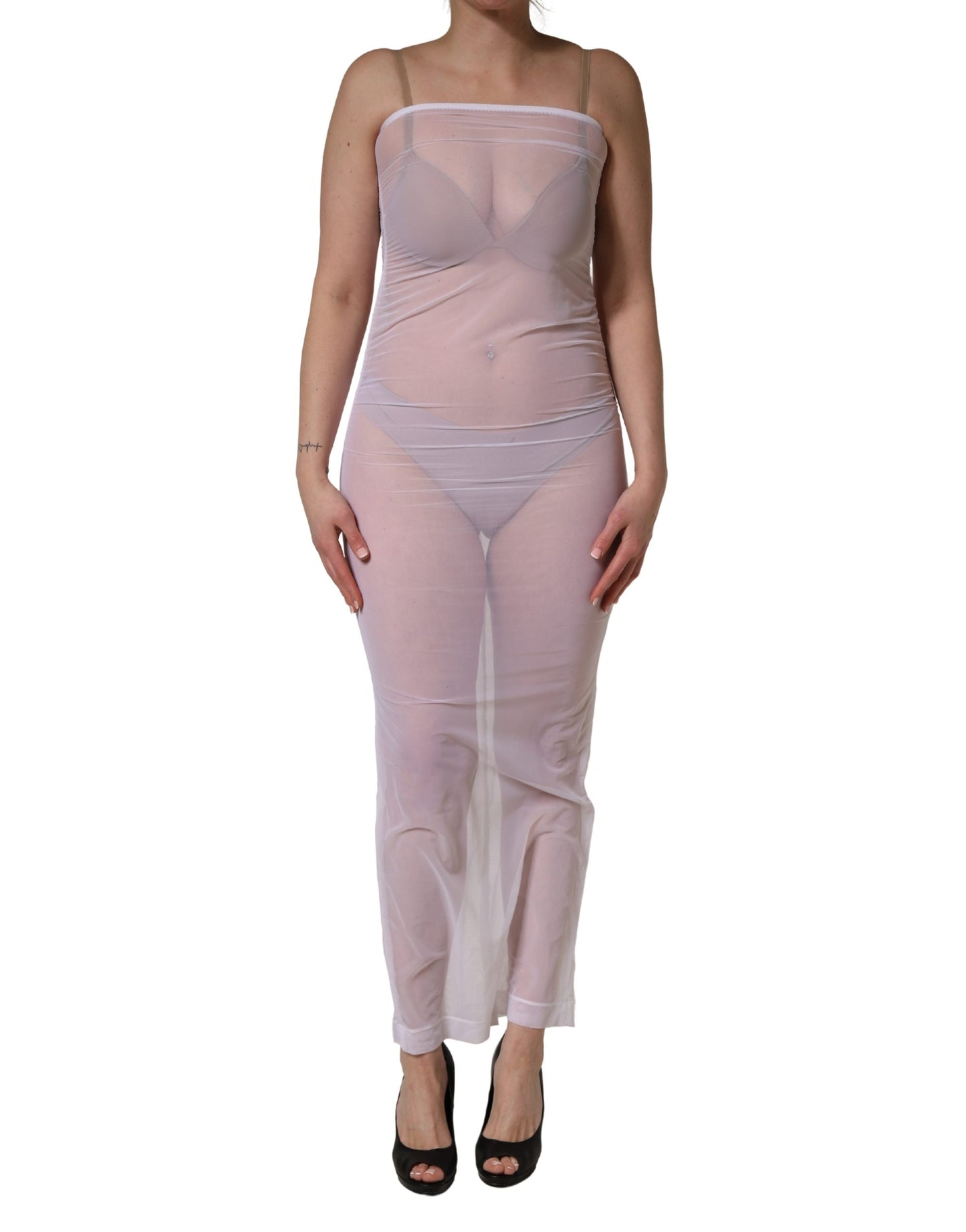 Dolce & Gabbana White Sheer Nylon Stretch Sheath Maxi Dress