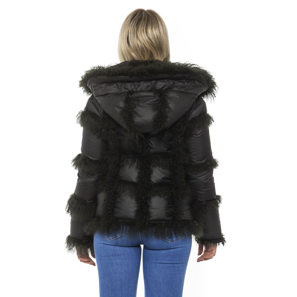 Mr&Mrs Italy Black Poly Jacket with Lamb Fur Hood for Women
