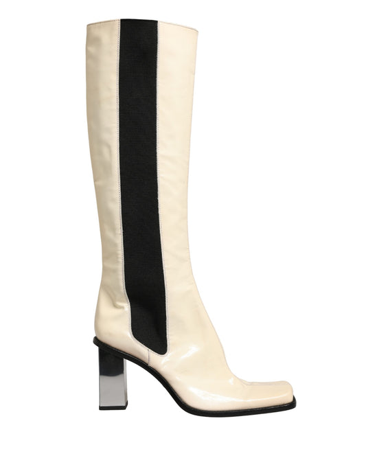 Dolce & Gabbana White Black Leather Knee High Boots Shoes