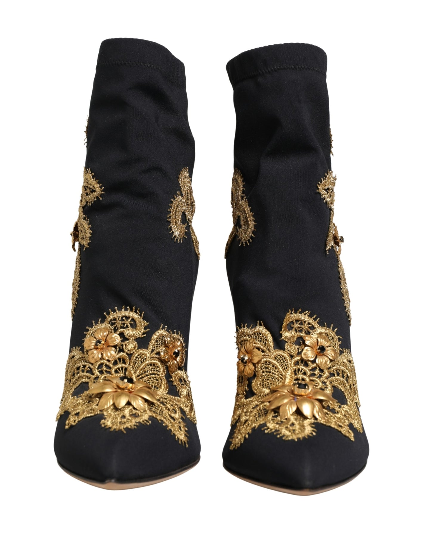 Dolce & Gabbana Black Gold Embroidery Crystal Boots Shoes