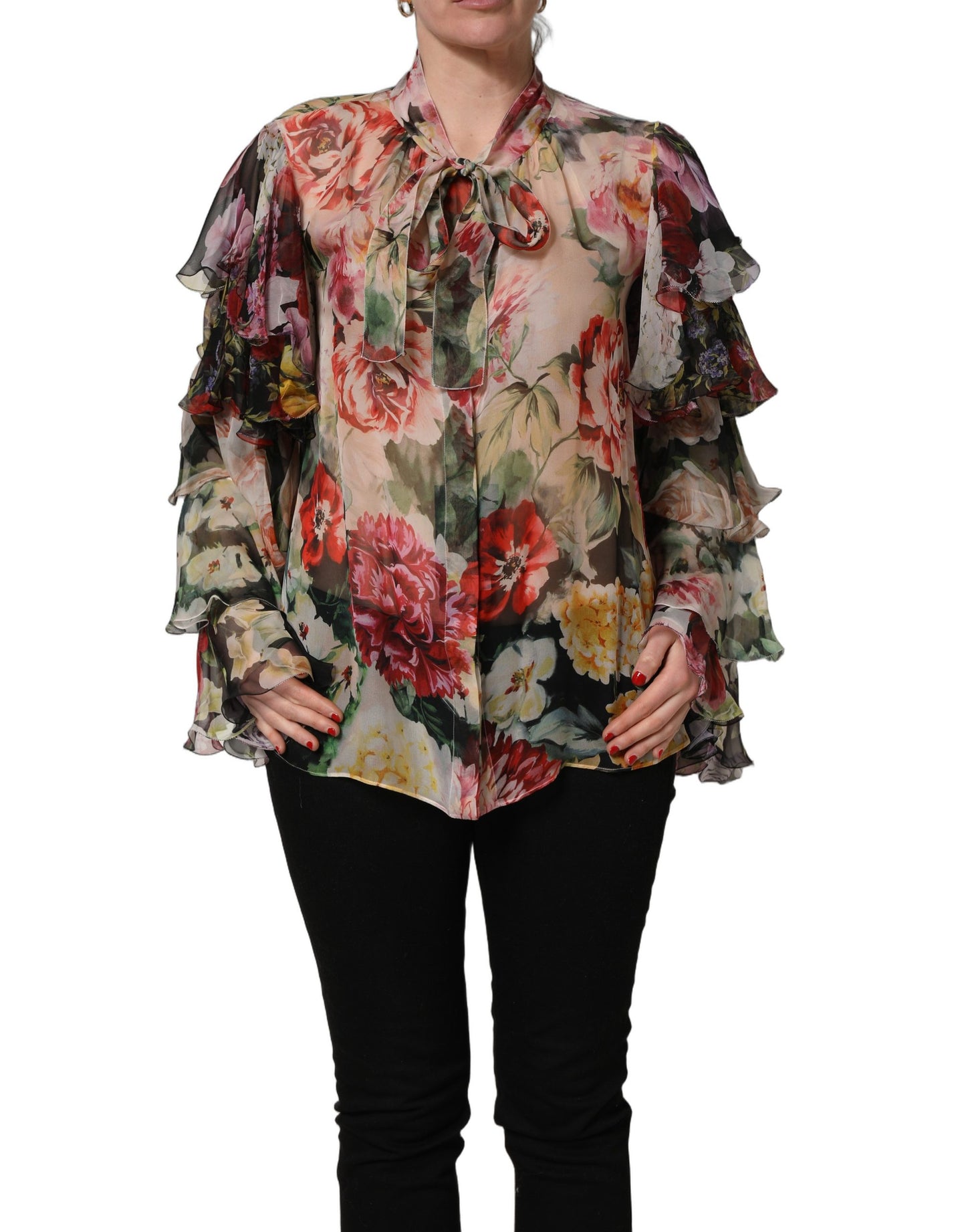 Dolce & Gabbana Multicolor Floral Tie-Neck Silk Chiffon Blouse Top
