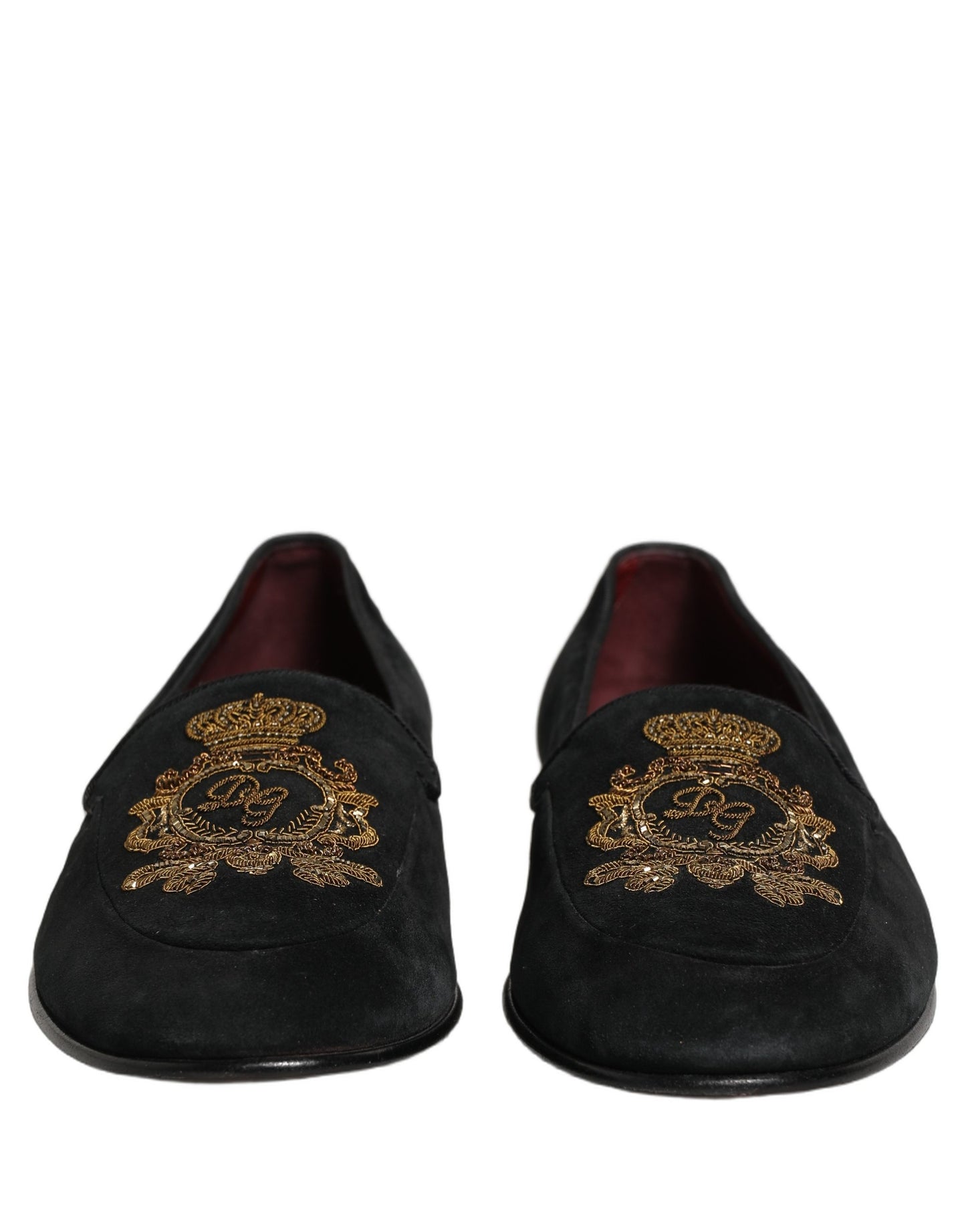 Dolce & Gabbana Black Velvet Crown Embroidery Loafers Shoes