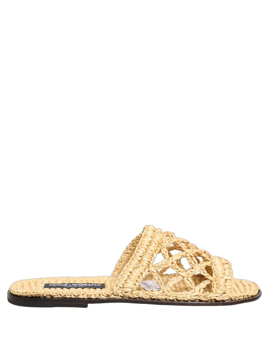 Dolce & Gabbana Beige Straw Raffia Slides Sandals Flats Shoes