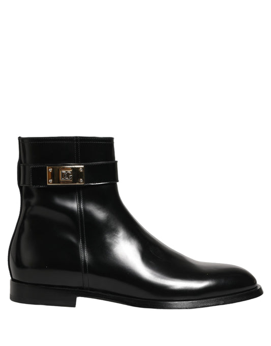 Dolce & Gabbana Black Leather Logo Buckle Mid Calf Boots Shoes