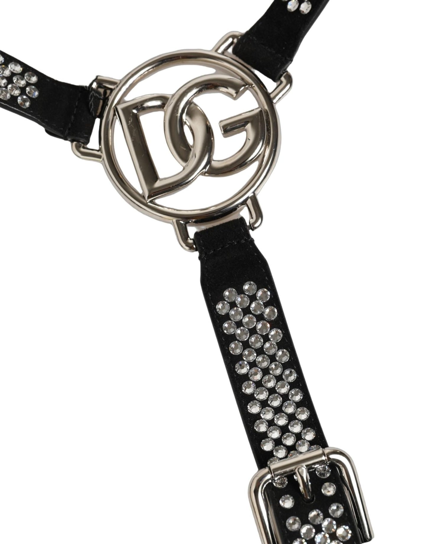 Dolce & Gabbana Black Leather Rhinestones Embellished Men Suspender
