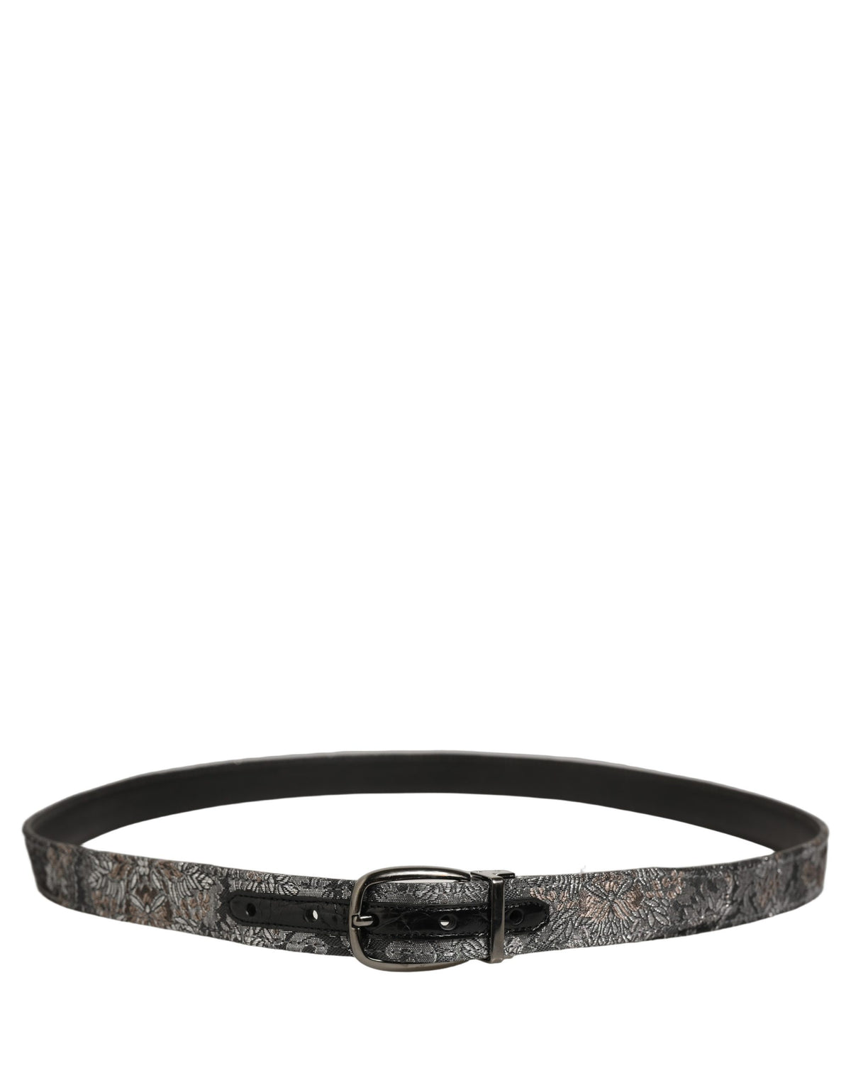 Dolce & Gabbana Silver Black Floral Jacquard Metal Buckle Belt