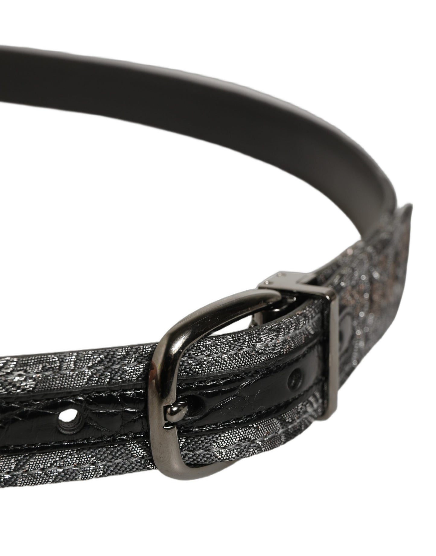 Dolce & Gabbana Silver Black Floral Jacquard Metal Buckle Belt