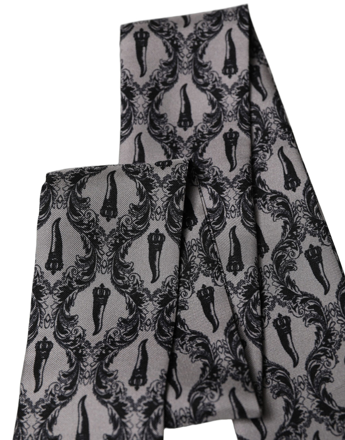 Dolce & Gabbana Gray Baroque Silk Fringed Skinny Foulard Scarf