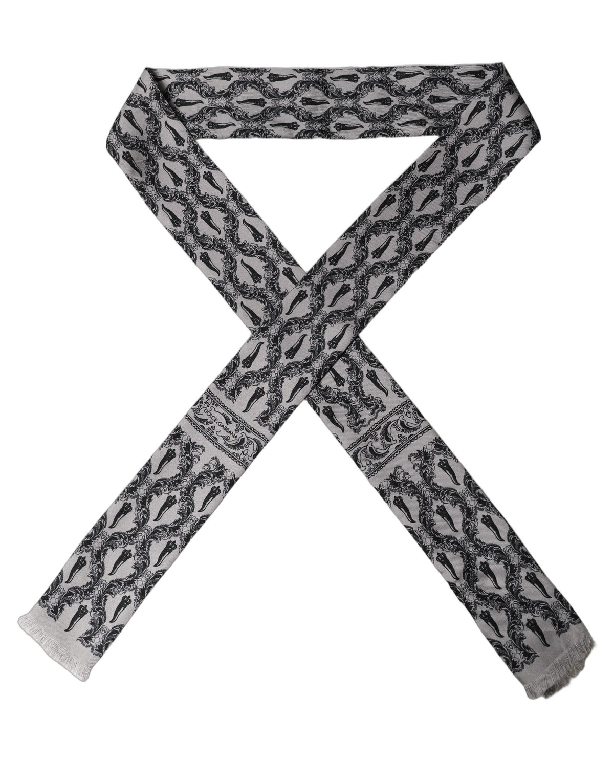 Dolce & Gabbana Gray Baroque Silk Fringed Skinny Foulard Scarf