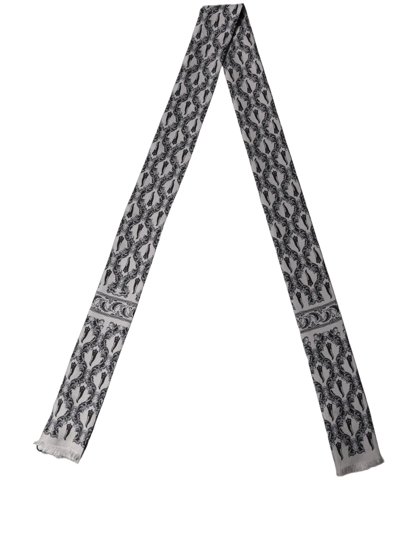 Dolce & Gabbana Gray Baroque Silk Fringed Skinny Foulard Scarf