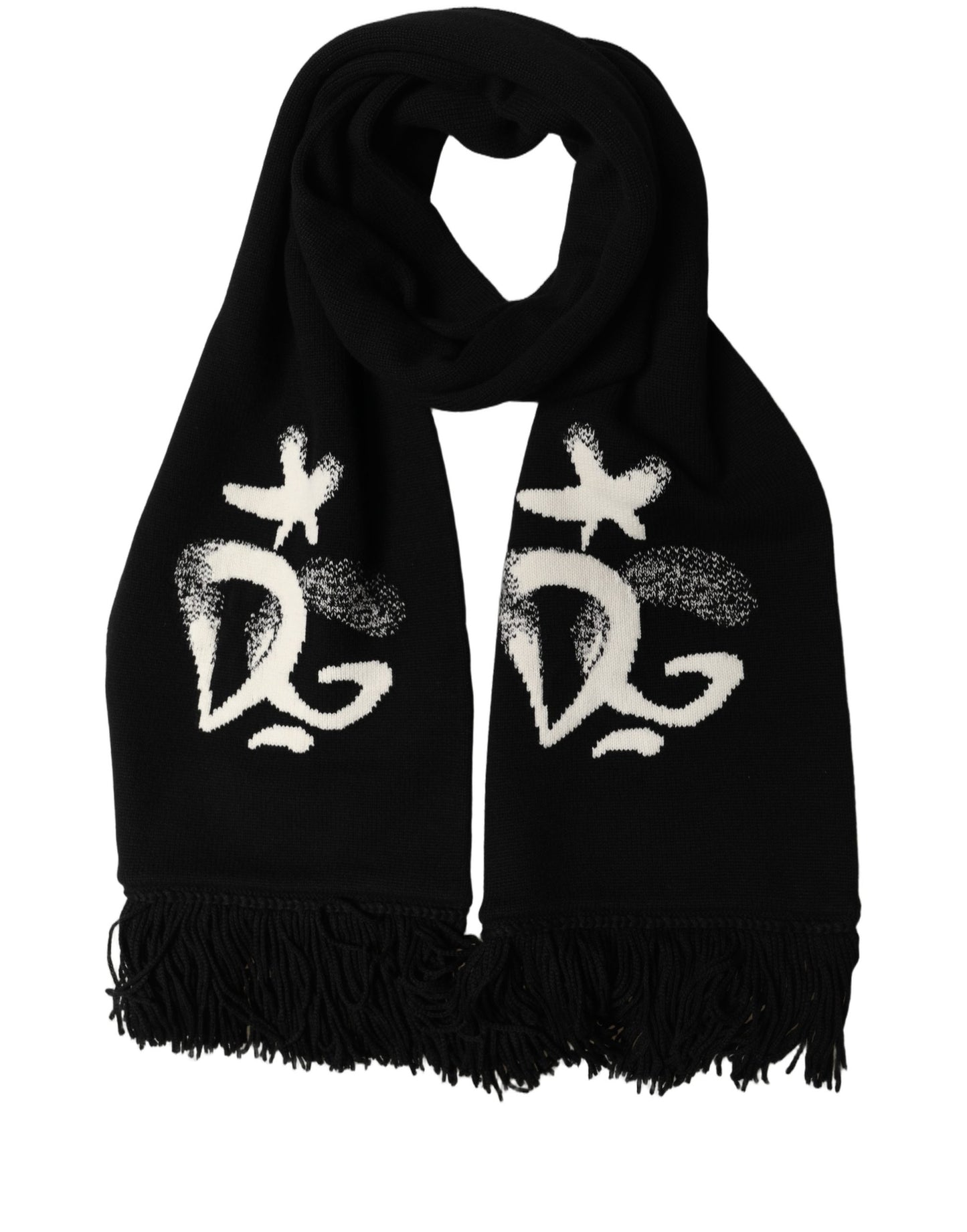 Dolce & Gabbana Black Cashmere Knitted Fringed Foulard Scarf