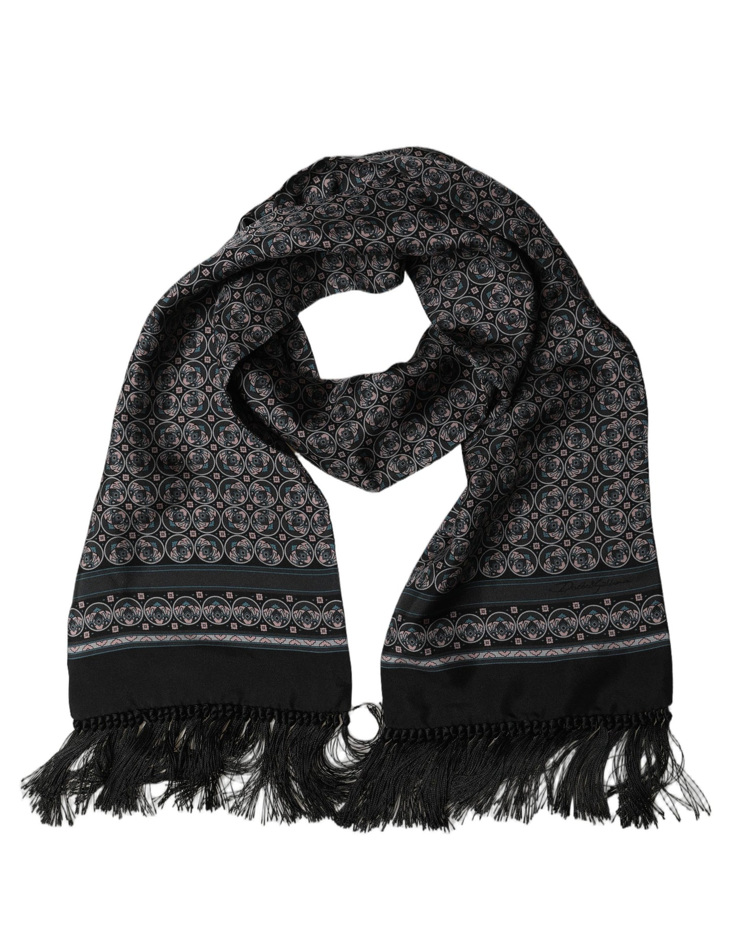 Dolce & Gabbana Black Silk Geometric Fringed Neck Shawl Scarf