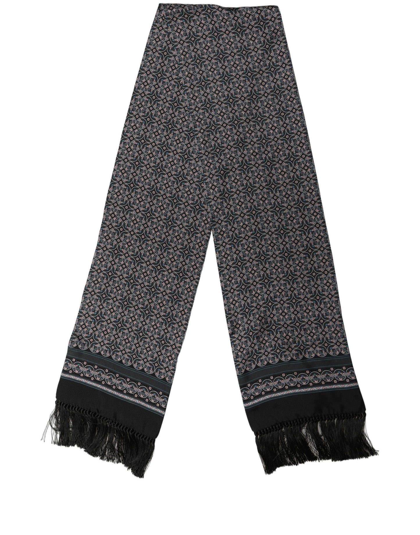 Dolce & Gabbana Black Silk Geometric Fringed Neck Shawl Scarf
