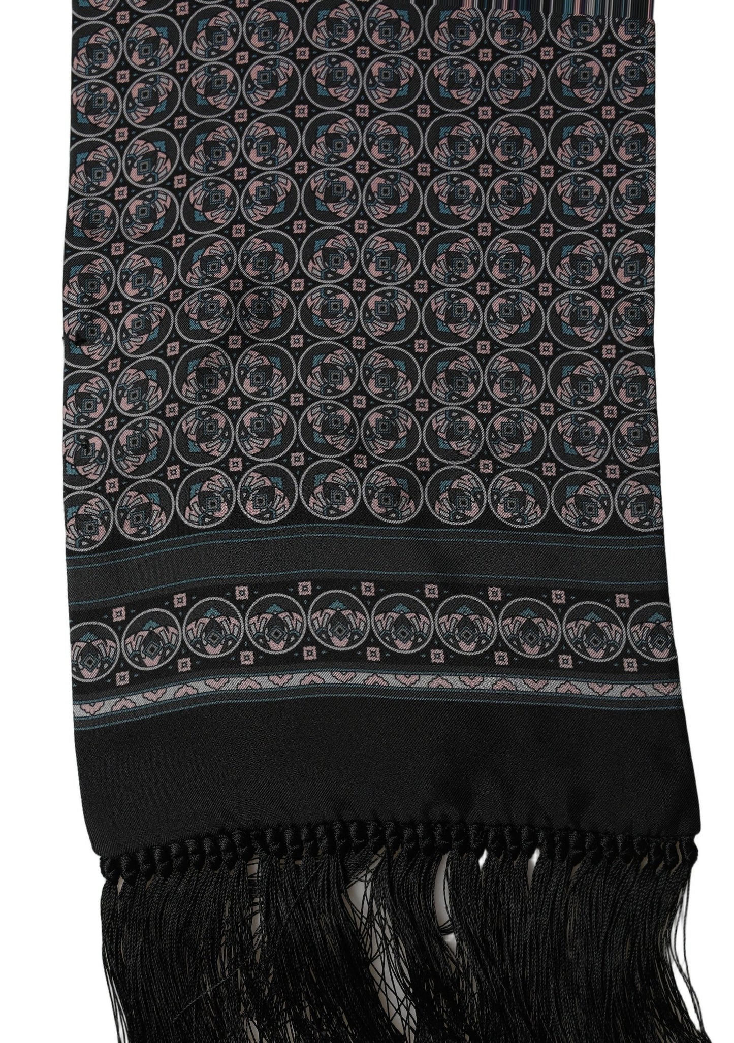 Dolce & Gabbana Black Silk Geometric Fringed Neck Shawl Scarf