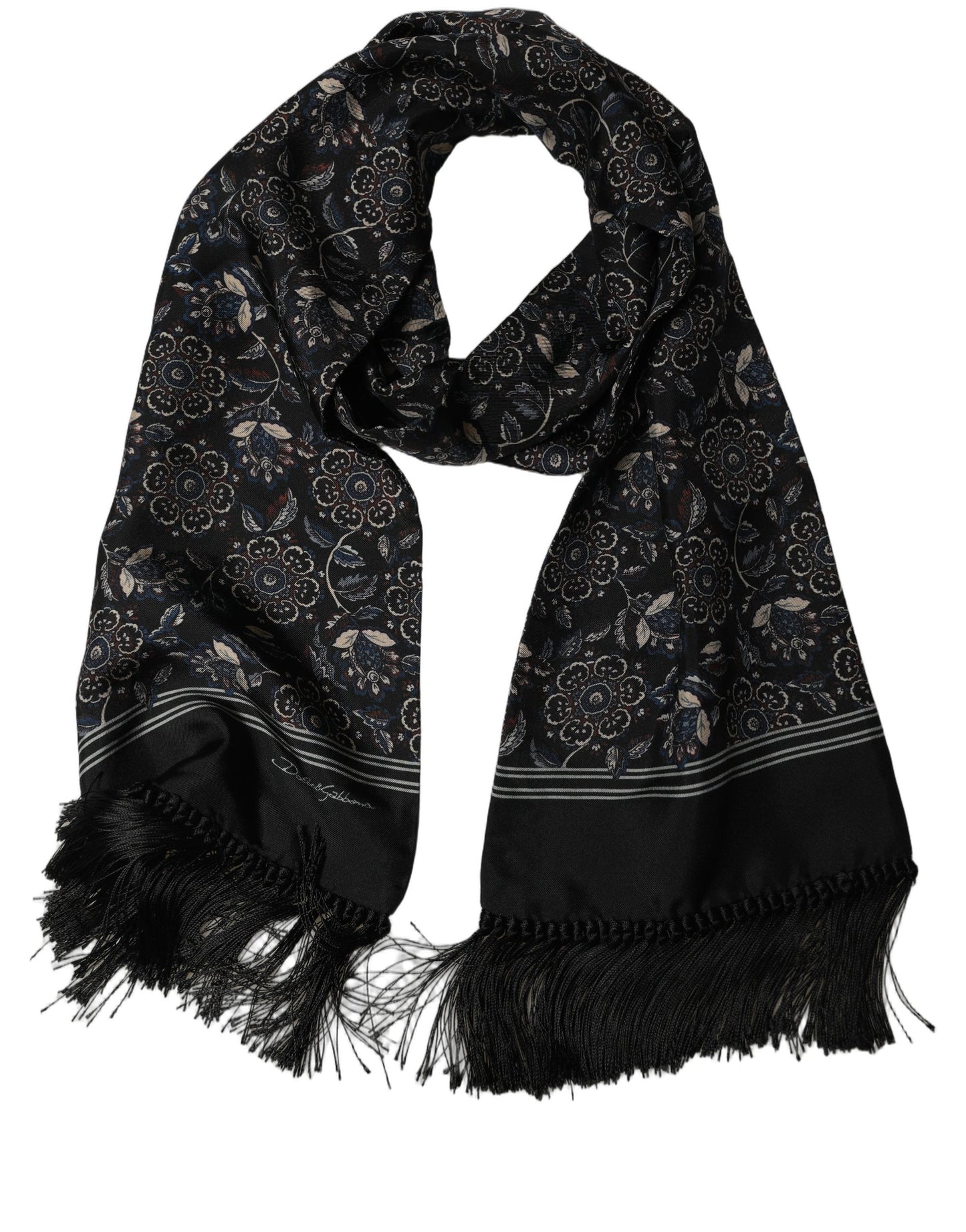 Dolce & Gabbana Black Silk Floral Paisley Fringed Shawl Scarf