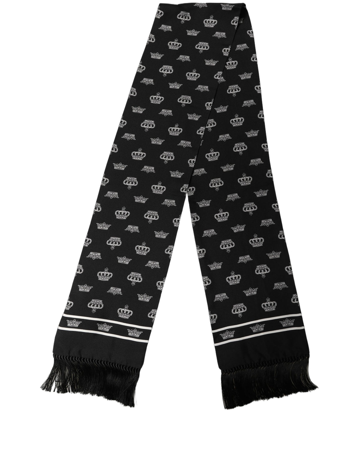Dolce & Gabbana Black Silk Crown Fringed Neck Shawl Scarf