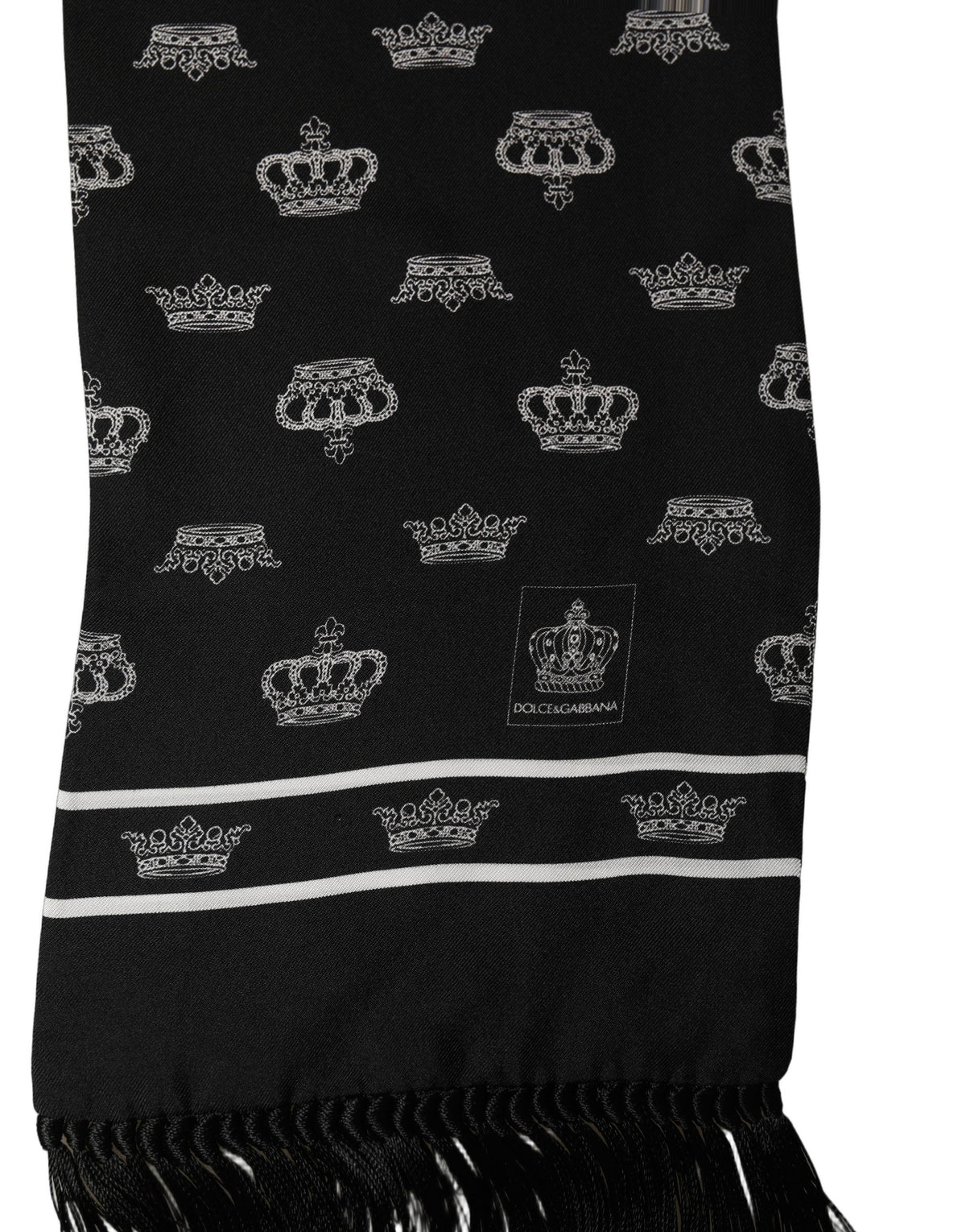 Dolce & Gabbana Black Silk Crown Fringed Neck Shawl Scarf
