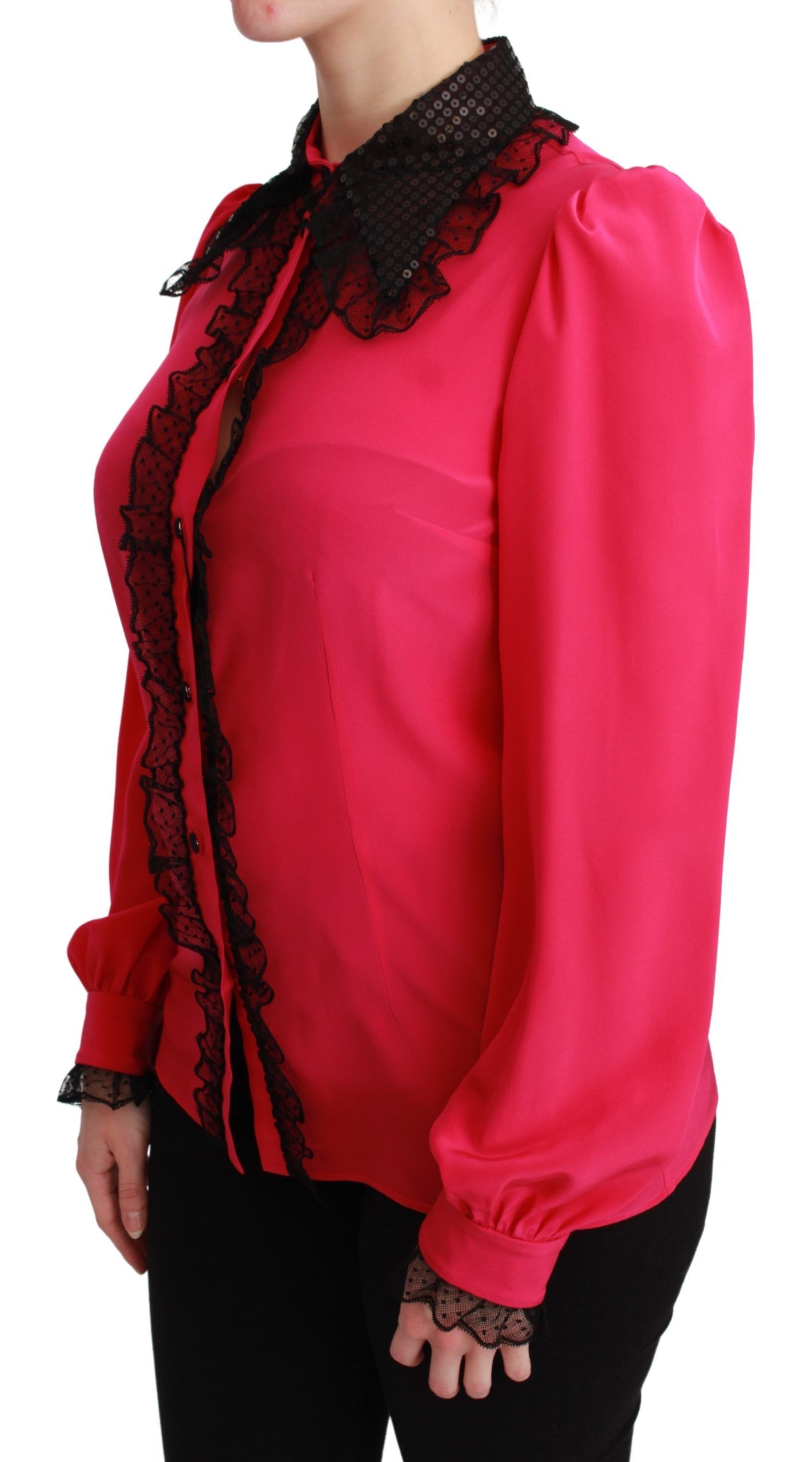 Dolce & Gabbana Pink Silk Black Sequin Lace Shirt Blouse