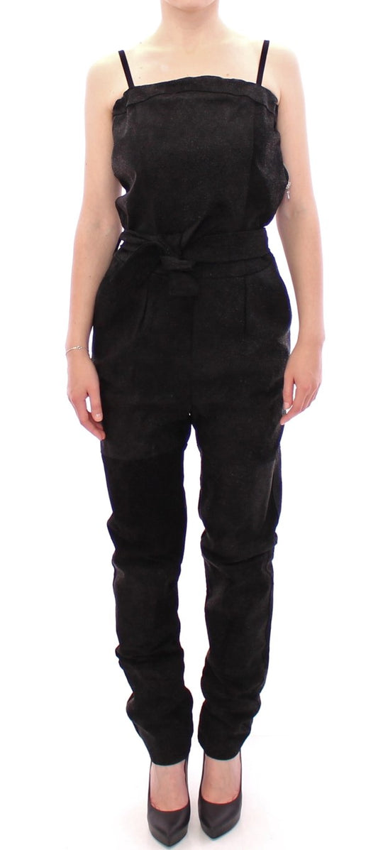 La Maison du Couturier Elegant Black Leather Jumpsuit with Waist Strap