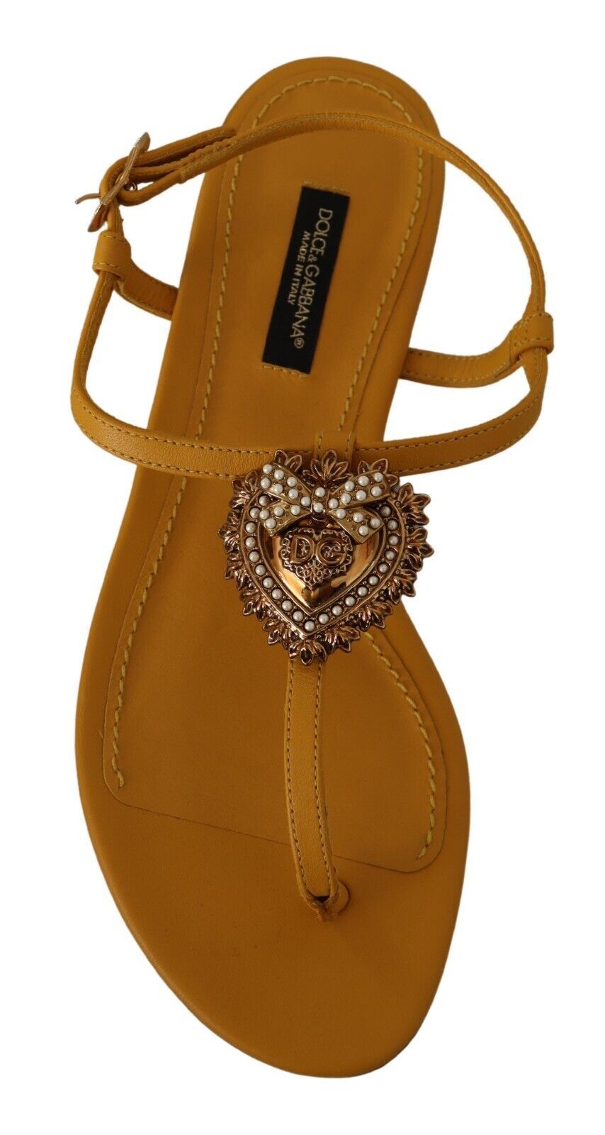 Dolce & Gabbana Mustard T-Strap Flat Sandals with Heart Embellishment