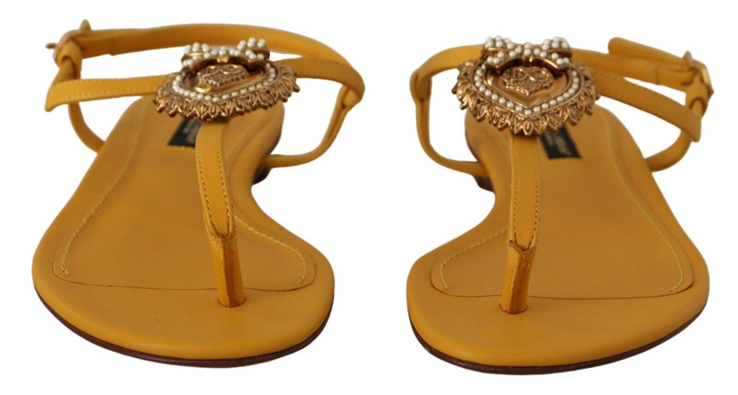 Dolce & Gabbana Mustard T-Strap Flat Sandals with Heart Embellishment