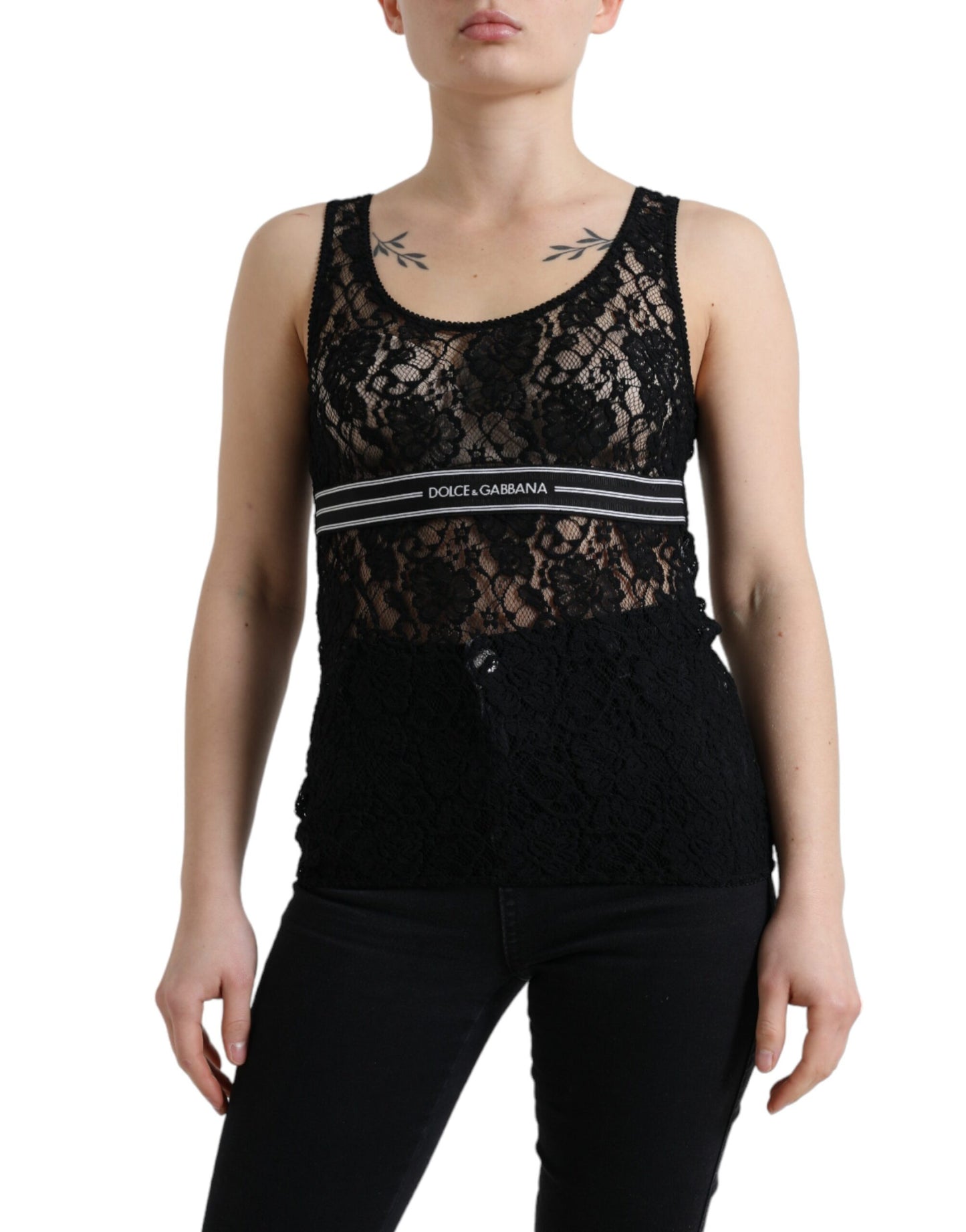 Dolce & Gabbana Elegant Lace Tank Top with Logo Stripe