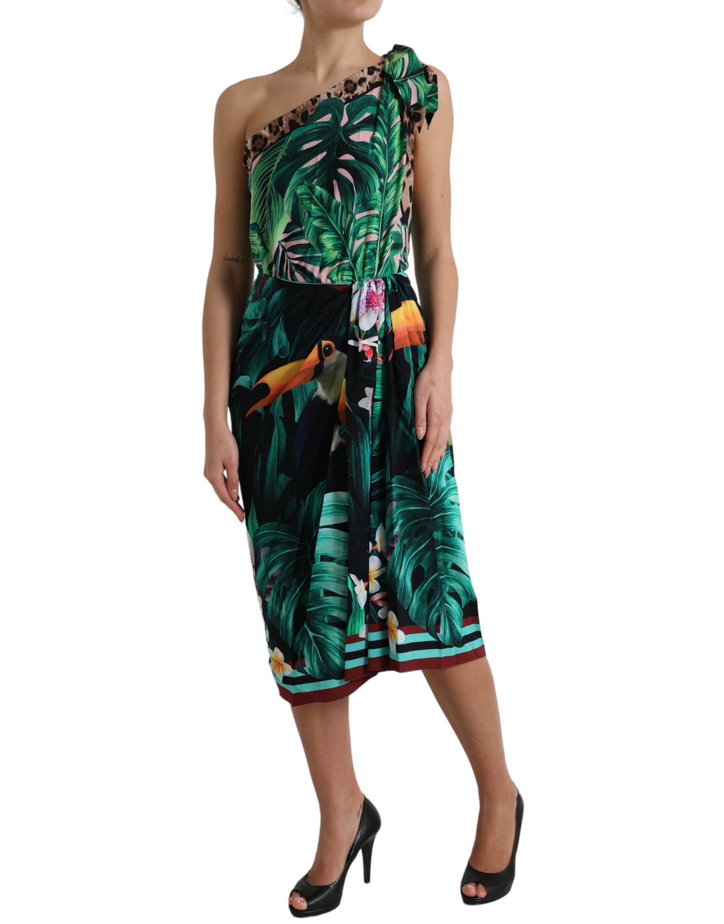 Dolce & Gabbana Tropical Jungle Print One-Shoulder Dress