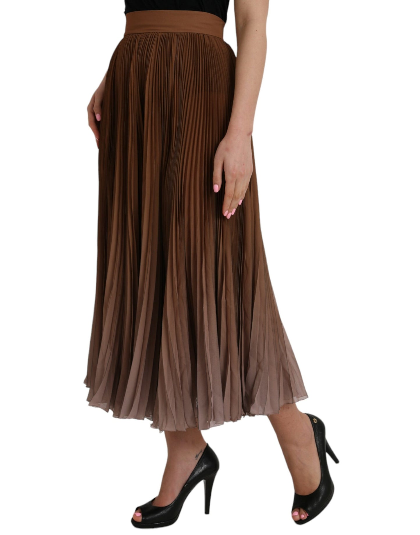 Dolce & Gabbana Brown Polyester Pleated High Waist Midi Skirt