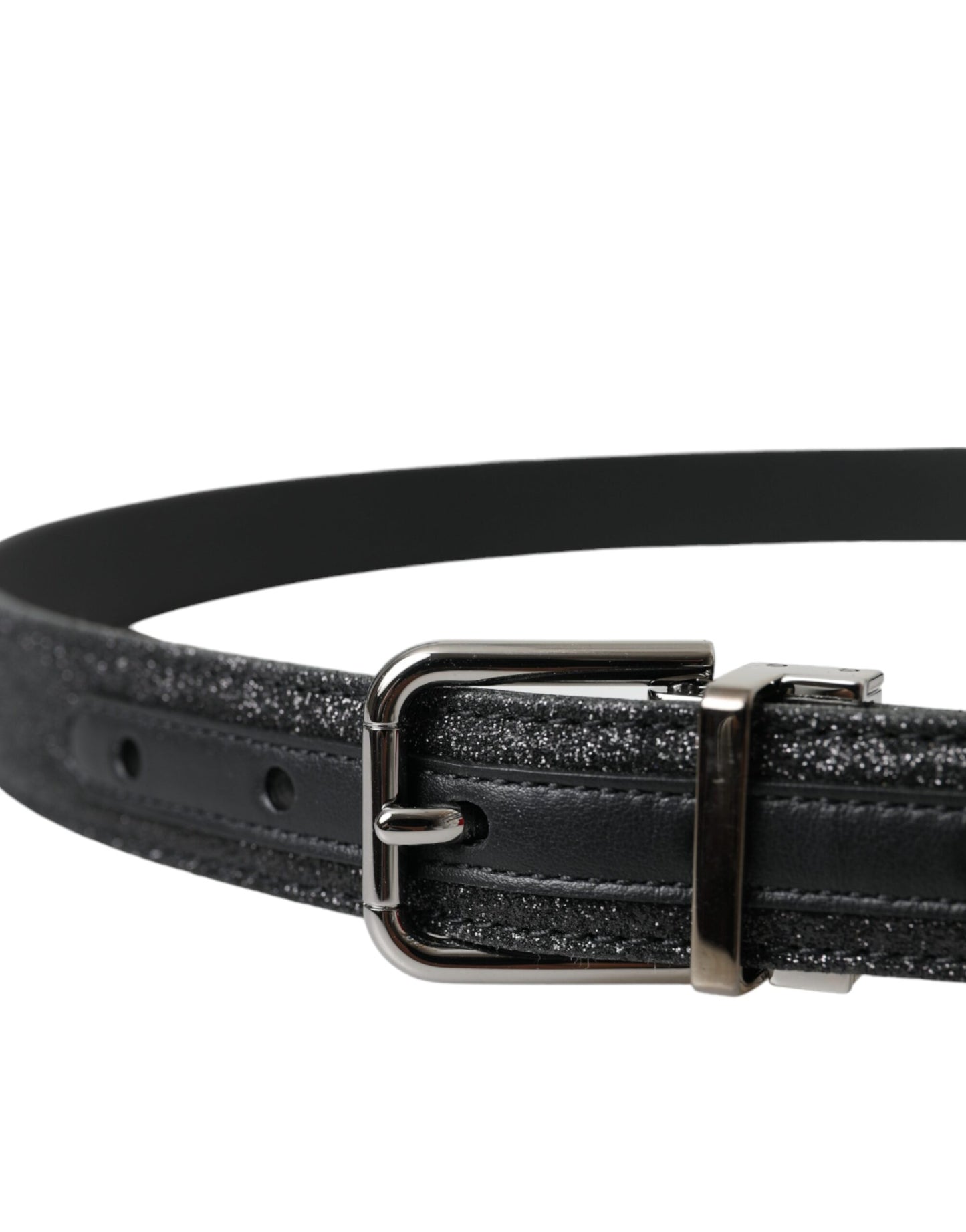 Dolce & Gabbana Black Glittered Leather Silver Buckle Belt