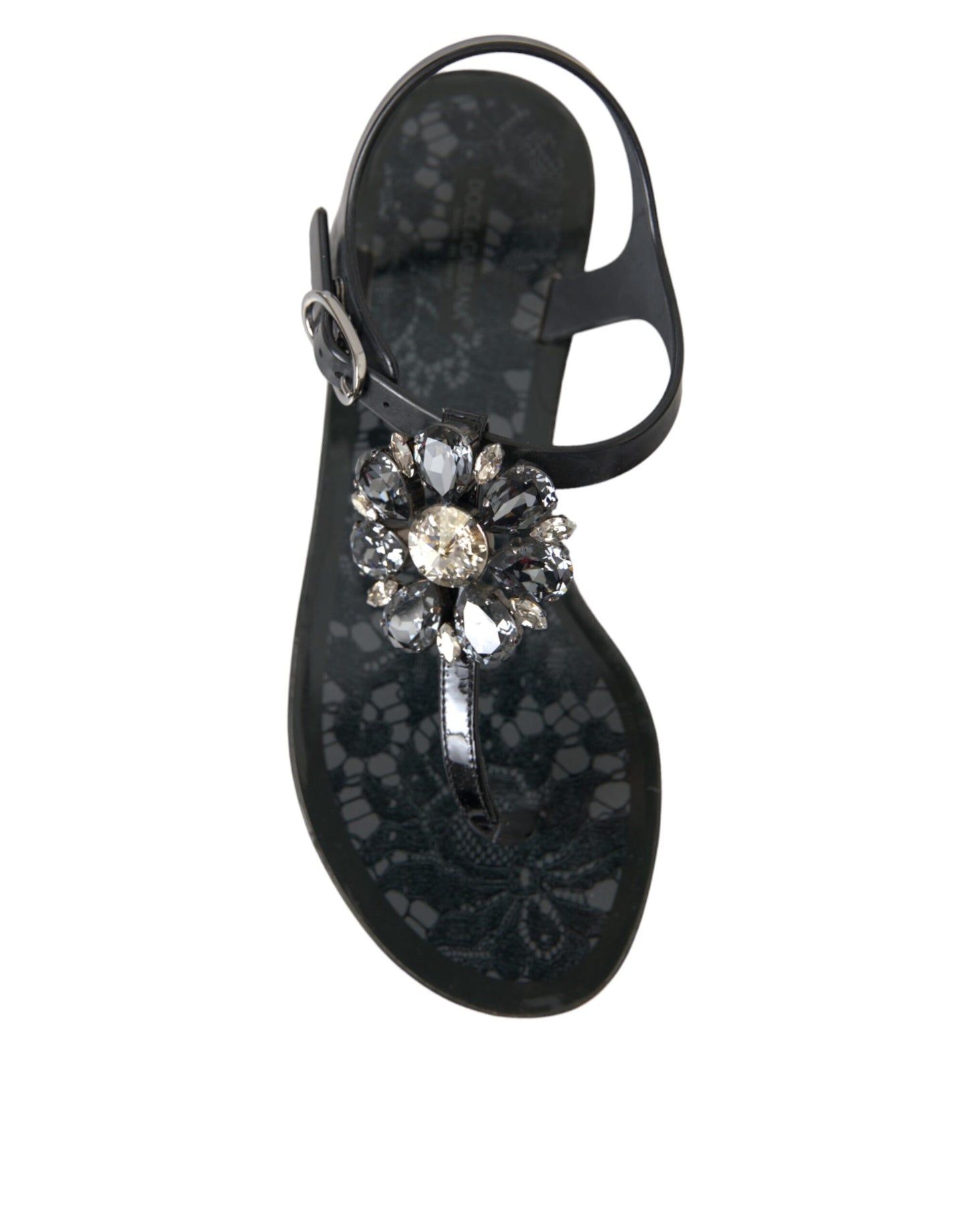 Dolce & Gabbana Black Crystal Flats Sandals Flip Flops Shoes