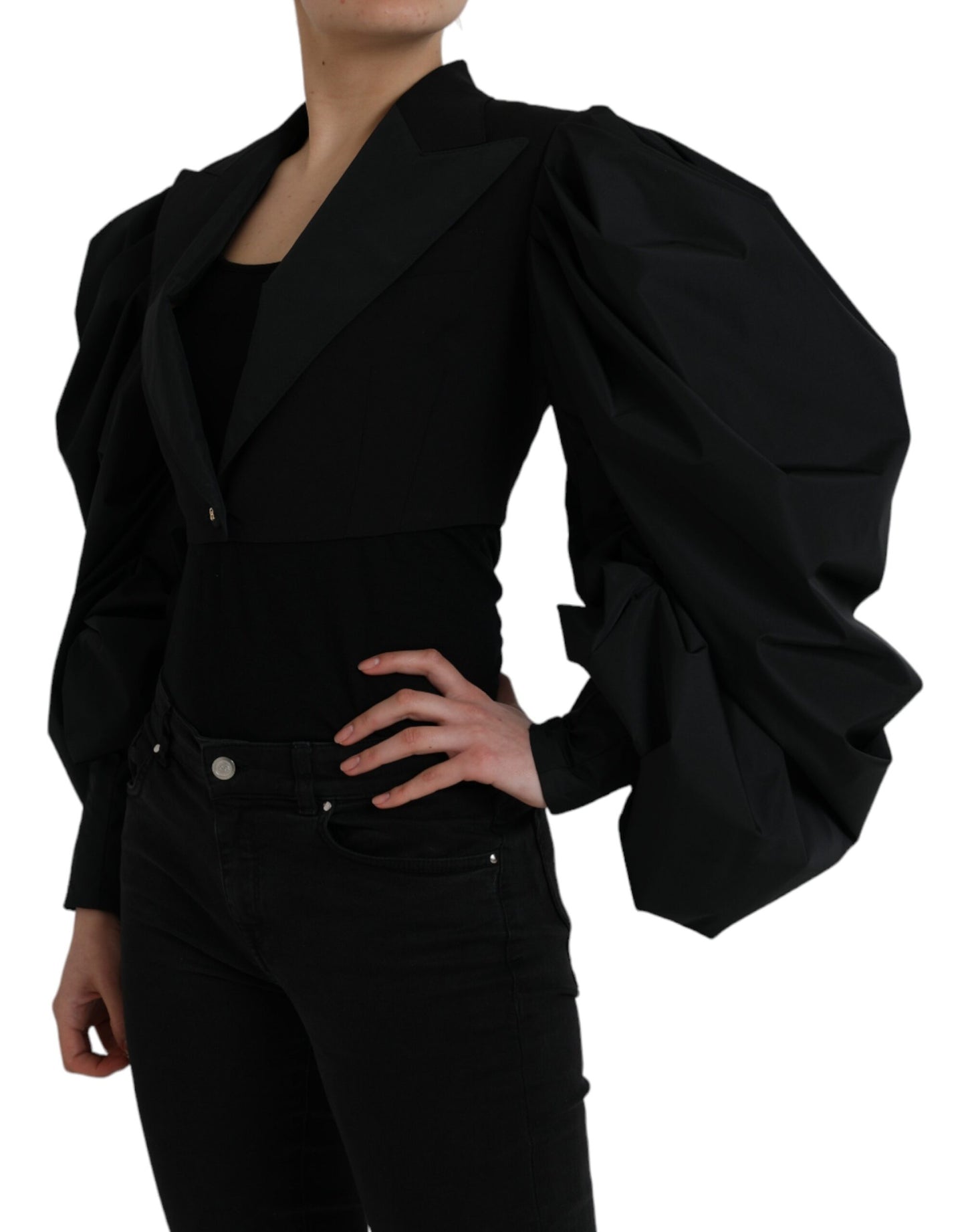 Dolce & Gabbana Black Polyester Puffed Sleeves Cropped Jacket