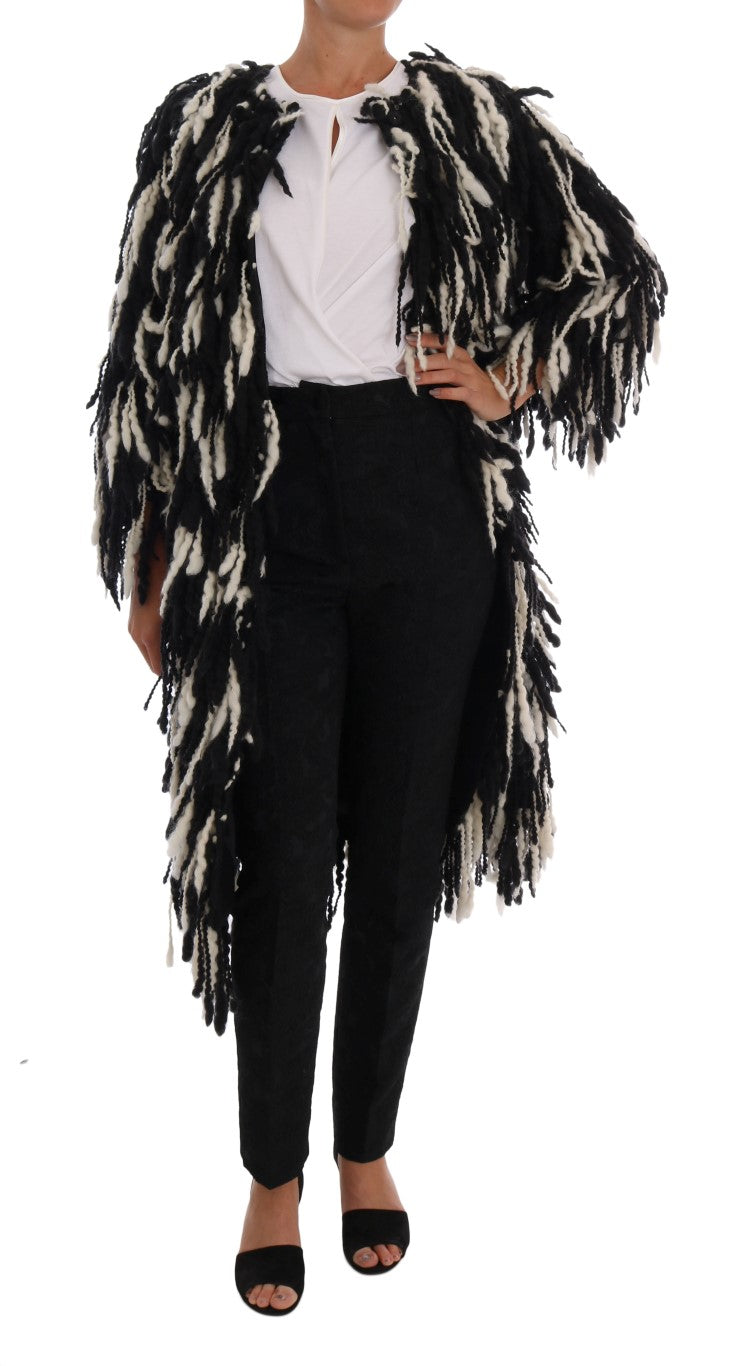 Dolce & Gabbana Black and White Fringed Wool Coat Jacket