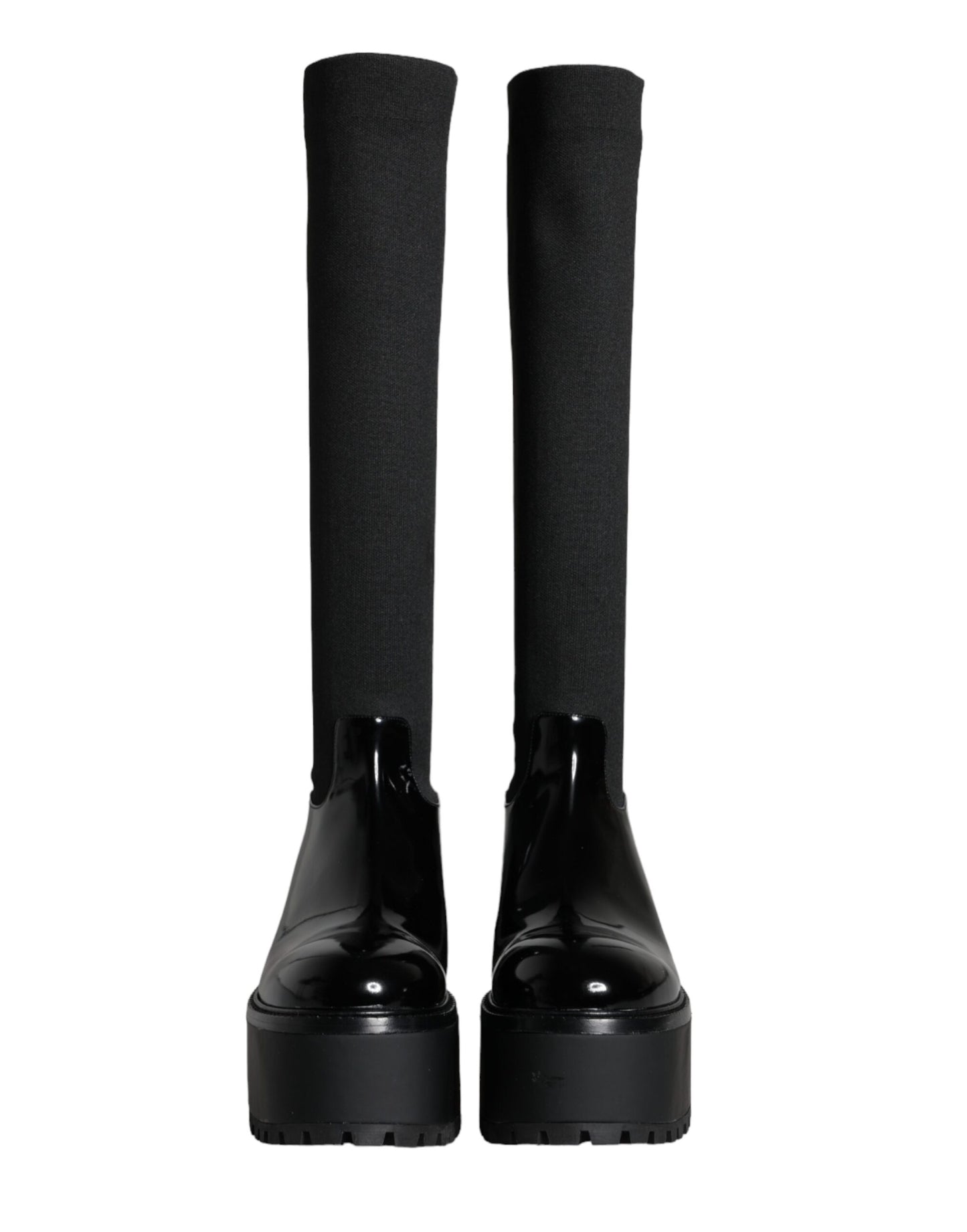 Dolce & Gabbana Black Leather Jersey Knee High Boots Shoes