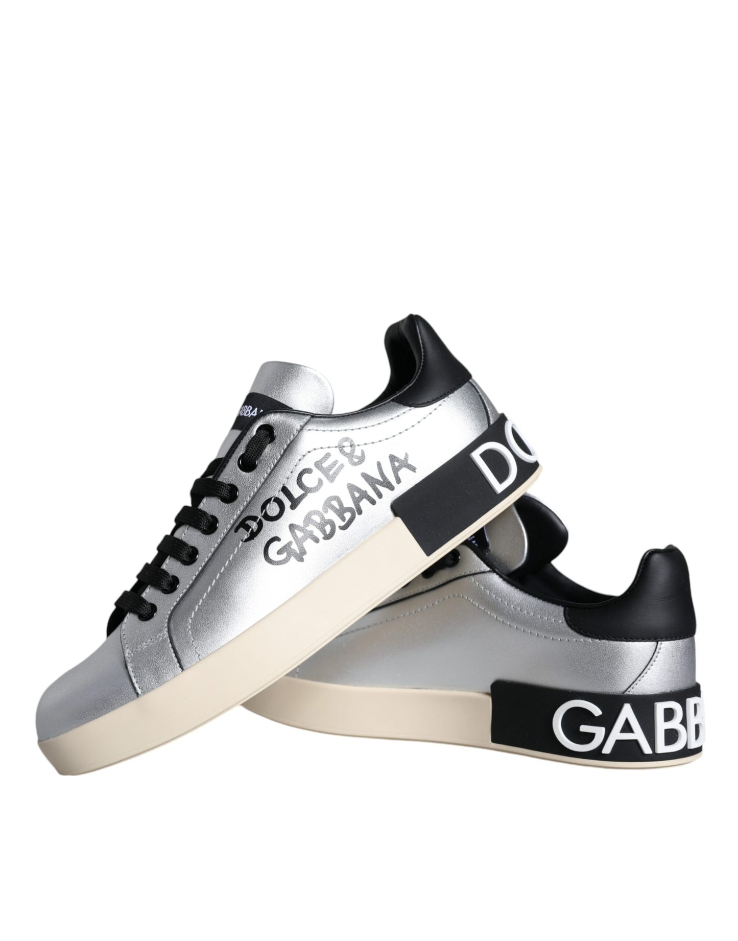 Dolce & Gabbana Silver Portofino Calf Leather Sneakers Shoes